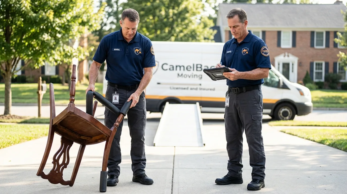Movers inspecting furniture for damage prevention before loading in Flowood, MS