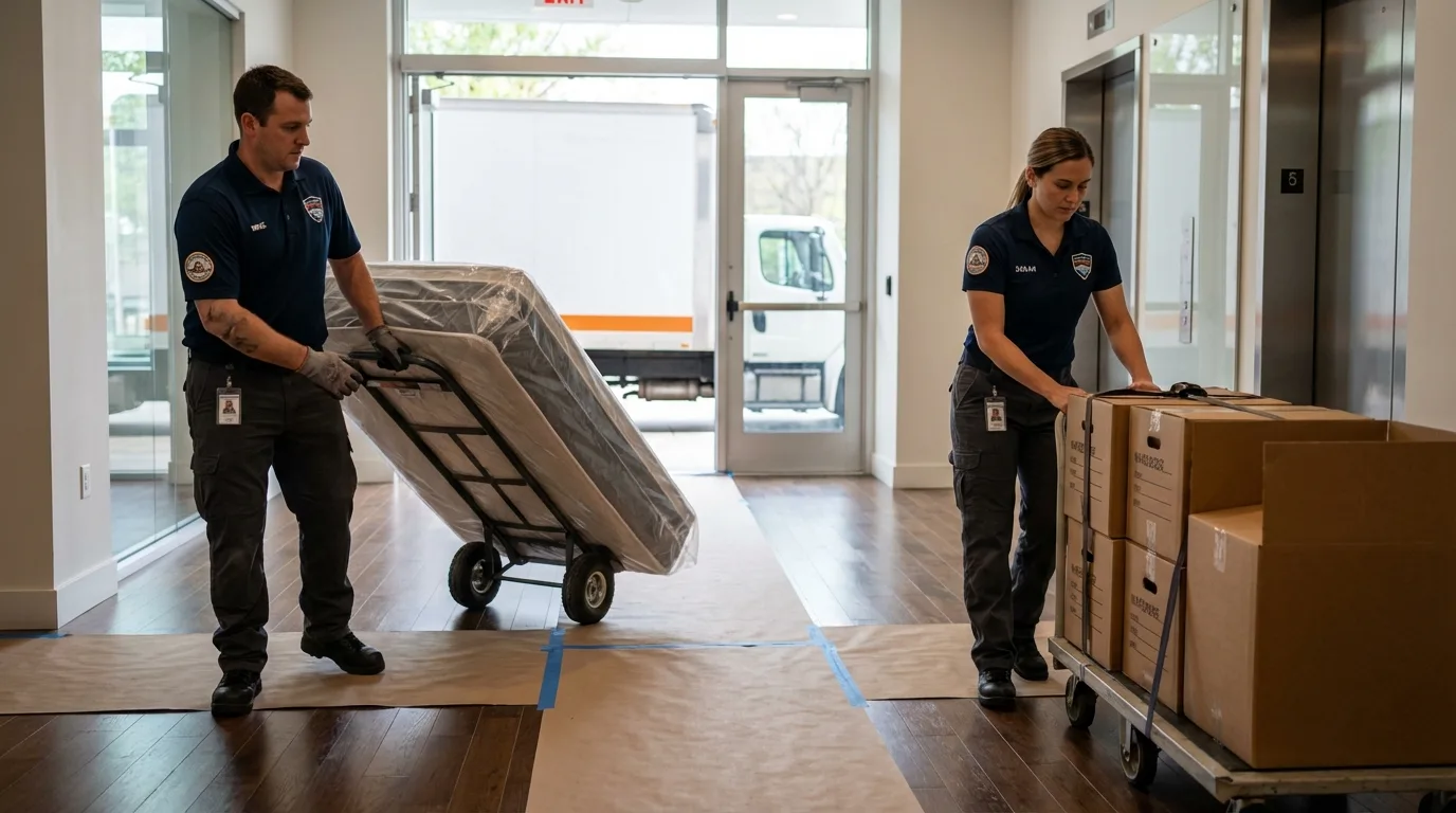 Professional apartment movers loading elevator in Flowood, MS
